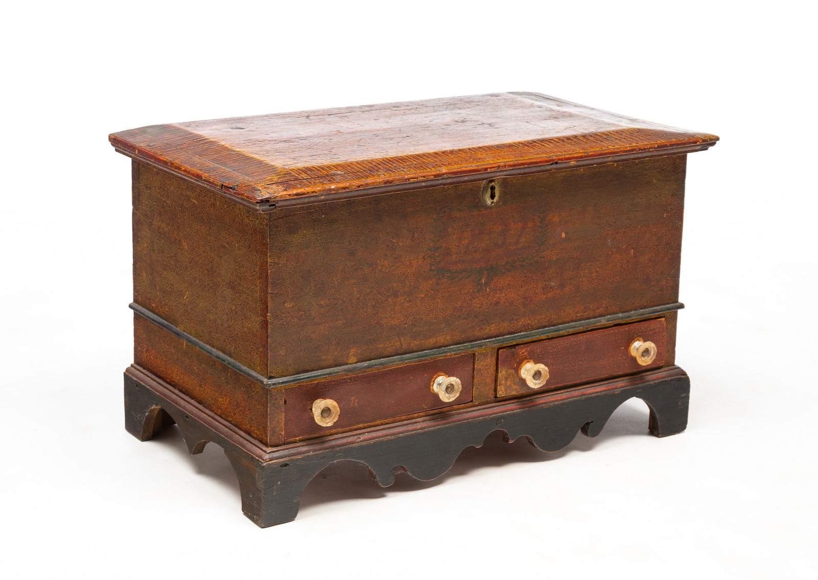 AMERICAN GRAIN-PAINTED POPLAR AND PINE YOUTH-SIZE BLANKET CHEST, DATED 1837. 12.5"h. 20.75"w. (1 of 7)