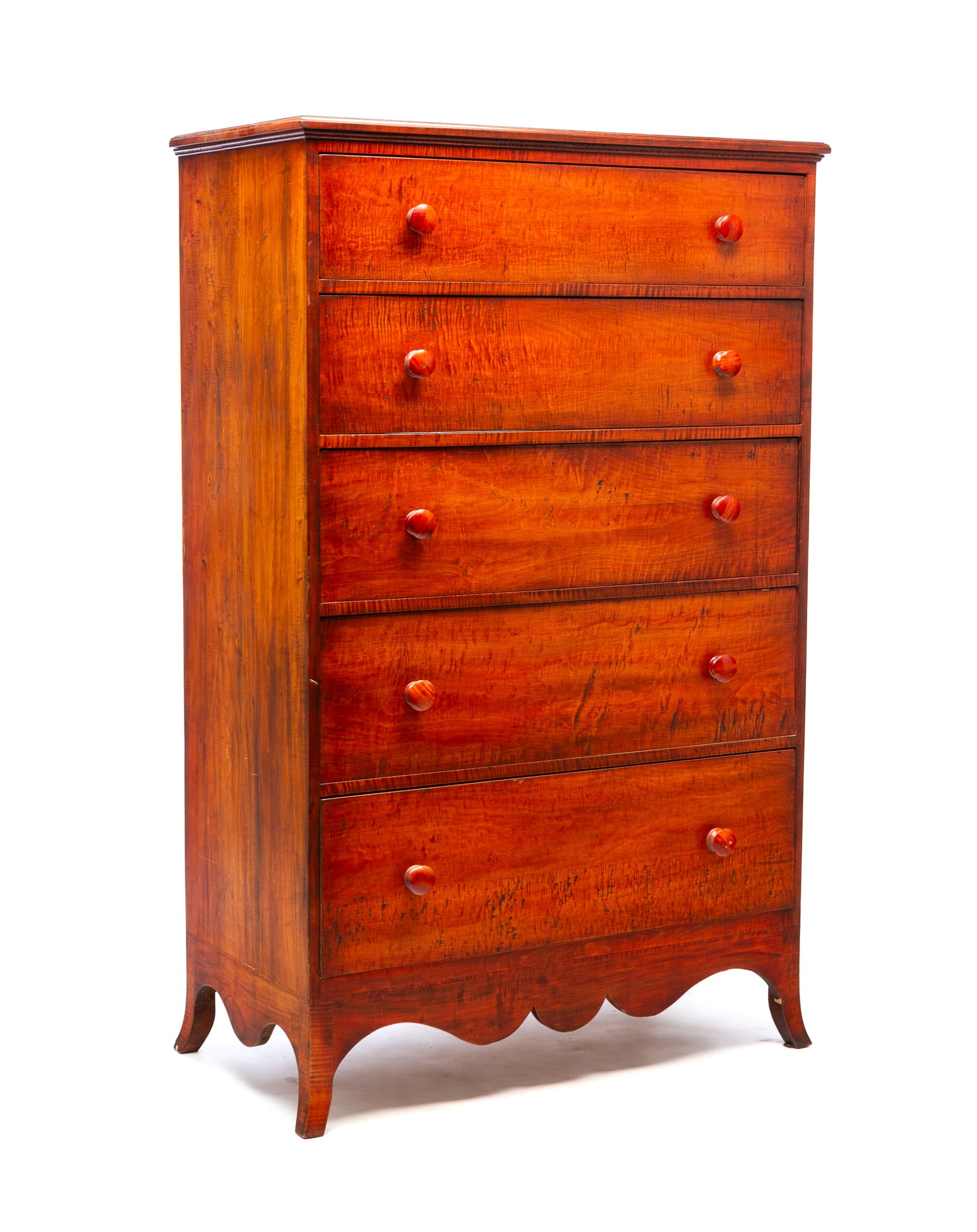 AMERICAN HEPPLEWHITE STYLE TIGER MAPLE FIVE-DRAWER TALL CHEST. 42"h. 40.5"w. 21.5"d. (1 of 4)