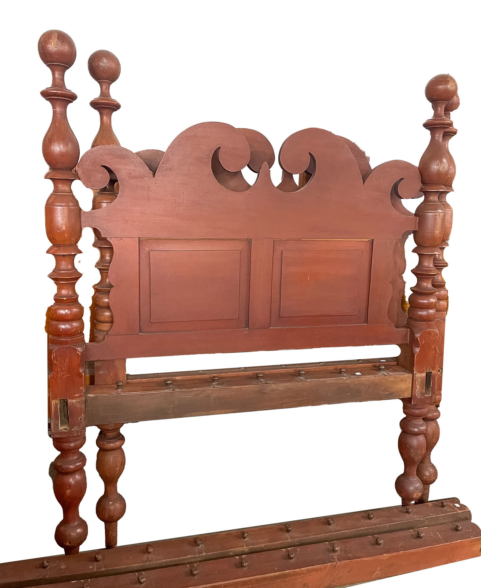 OHIO EMPIRE REDDISH-BROWN WASHED POPLAR CANNONBALL ROPE BED. 66"h. 52.75"w. 78.25"d. (1 of 5)