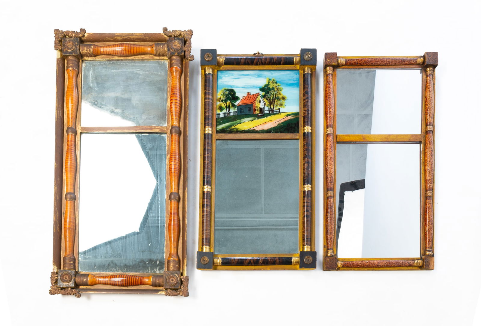 THREE AMERICAN SPLIT-BALUSTER MIRRORS WITH GRAIN PAINTING. Largest, 31"h. 11"w. (1 of 5)
