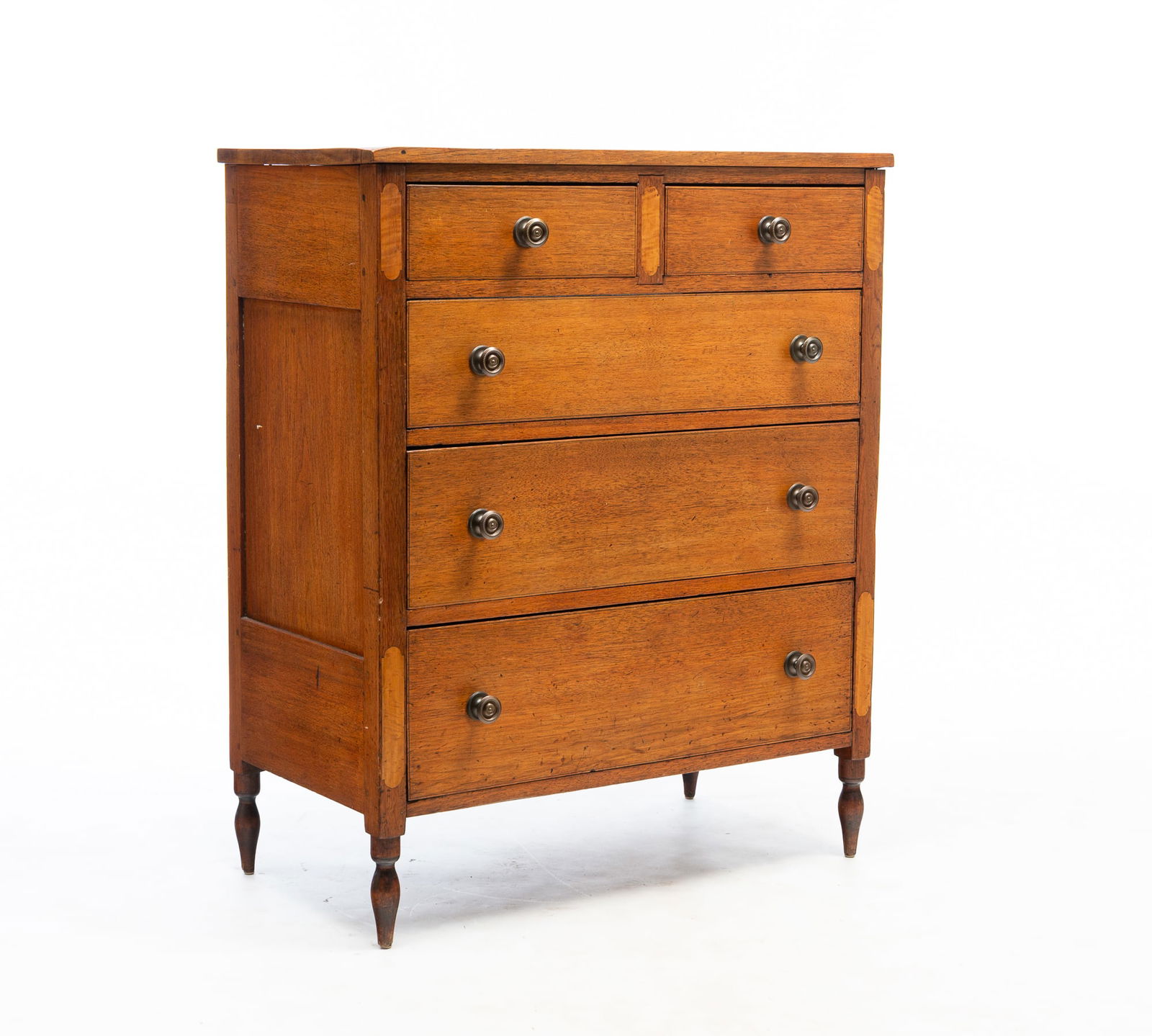 AMERICAN SHERATON WALNUT AND TIGER MAPLE FIVE-DRAWER CHEST. 47.5"h. 38.75"w. 19.75"d. (1 of 4)