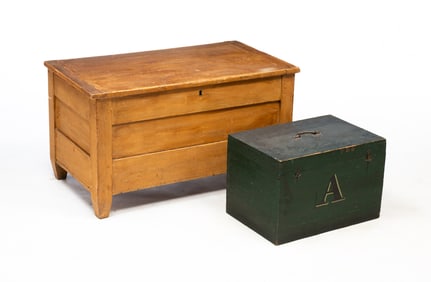 TWO AMERICAN PAINTED CHESTS. Largest, 18"h. 32.75"w. 18"d.