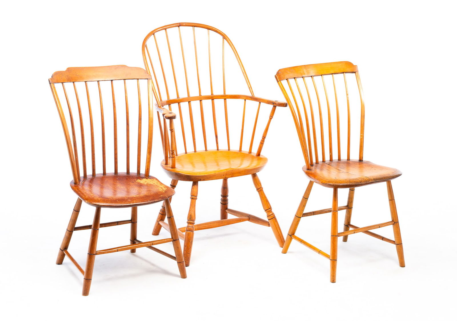 THREE AMERICAN WINDSOR CHAIRS. Tallest, 39"h. 16" seat ht. One side chair, 33.5"h. 15.5" seat h. (1 of 6)