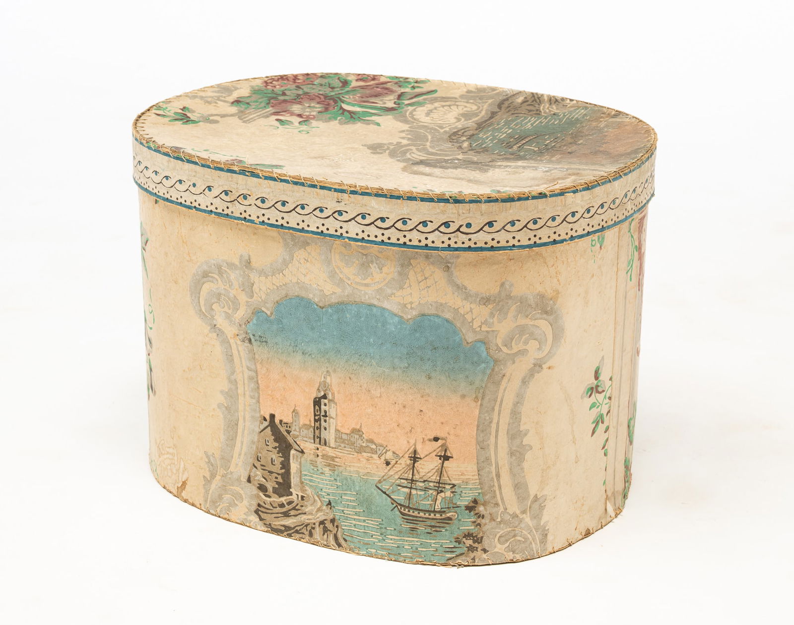 AMERICAN HAND-BLOCKED WALLPAPER NAUTICAL-THEMED BAND BOX. 10.5"h. 15"w. 11.75"d. (1 of 5)