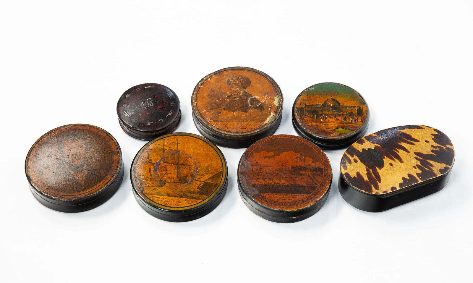 SEVEN ENGLISH PAPIER-MACHE SNUFF BOXES, INCL. COMMODORE PERRY EXAMPLE. Largest, 1.5"h. 4.25"w. (1 of 5)