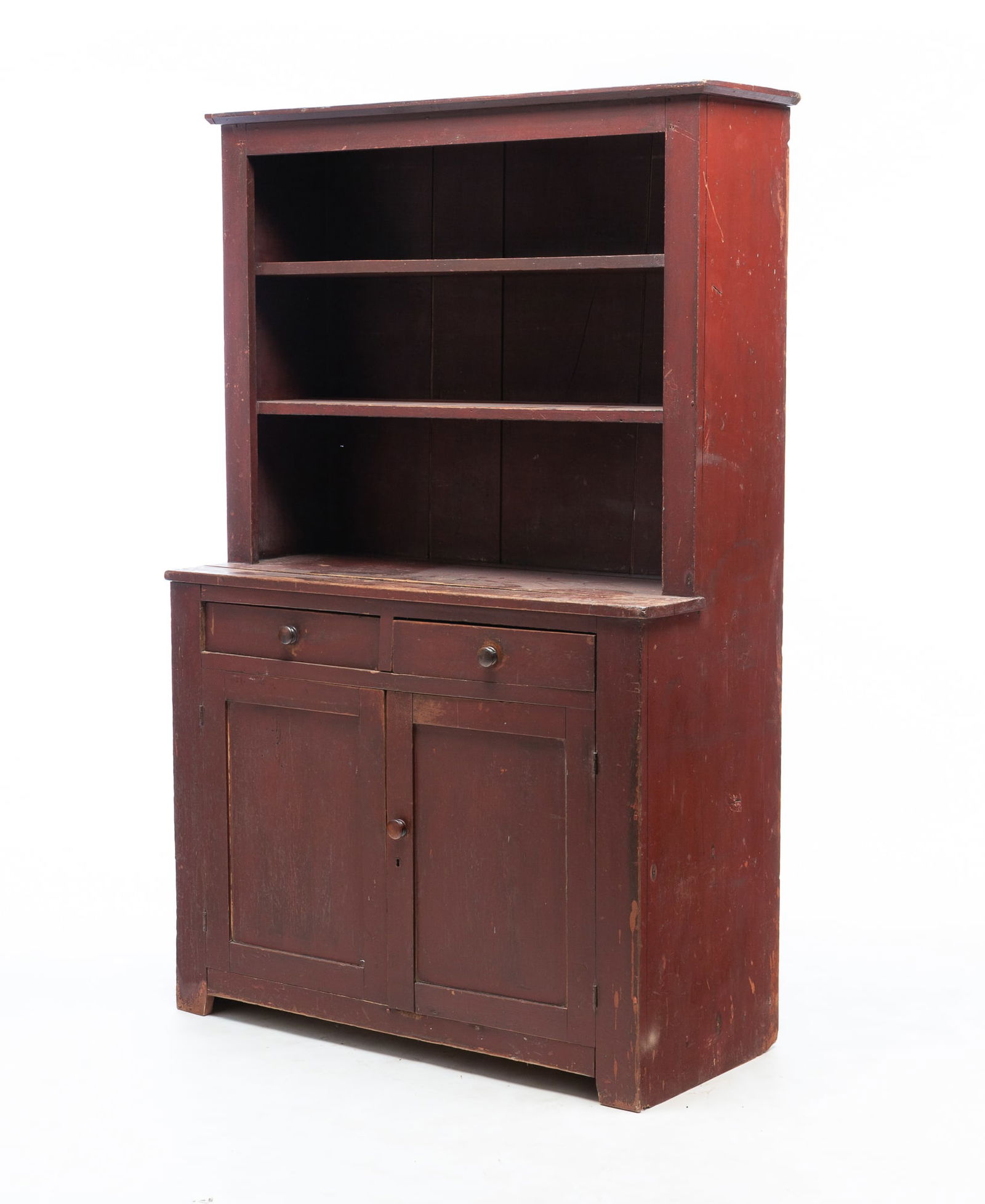 AMERICAN REDDISH-BROWN PAINTED CHERRY STEPBACK CUPBOARD. 71"h. 46.5"w. 19.75"d. (1 of 5)