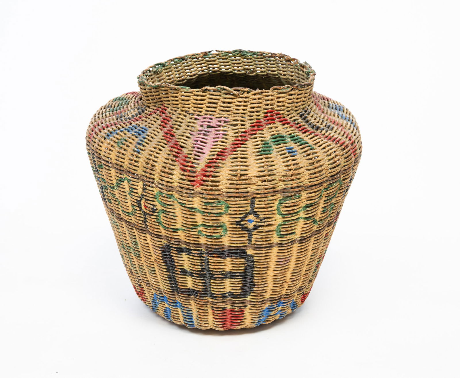 ANAMOSA PENITENTIARY FOLK ART PAINTED BASKET. 12"h. 13.5"w. (1 of 3)