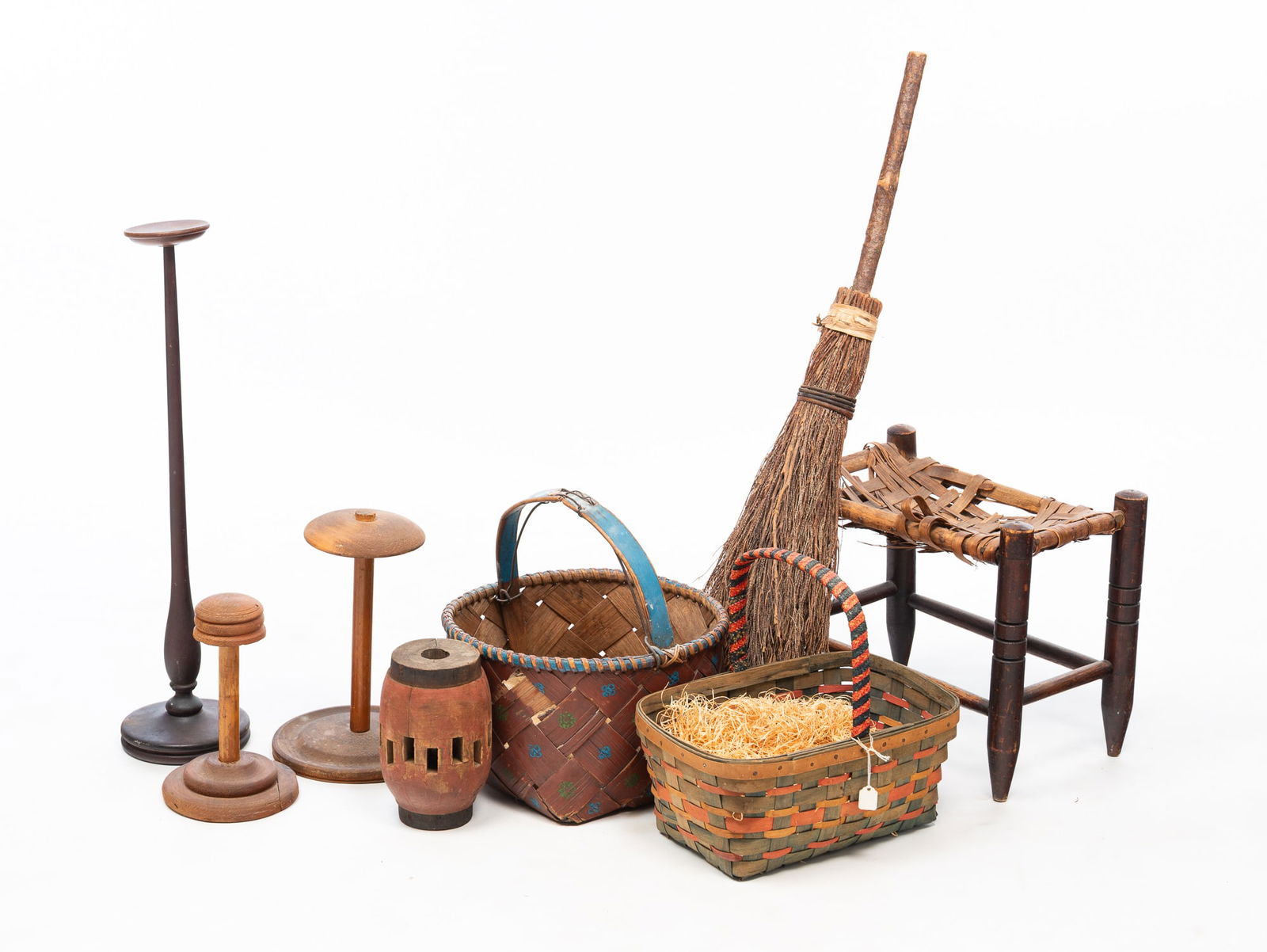 GROUP OF PRIMITIVE WOOD HOUSEHOLD OBJECTS, INCL. HAT STANDS AND BASKETS. Tallest (broom), 36"l. (1 of 5)