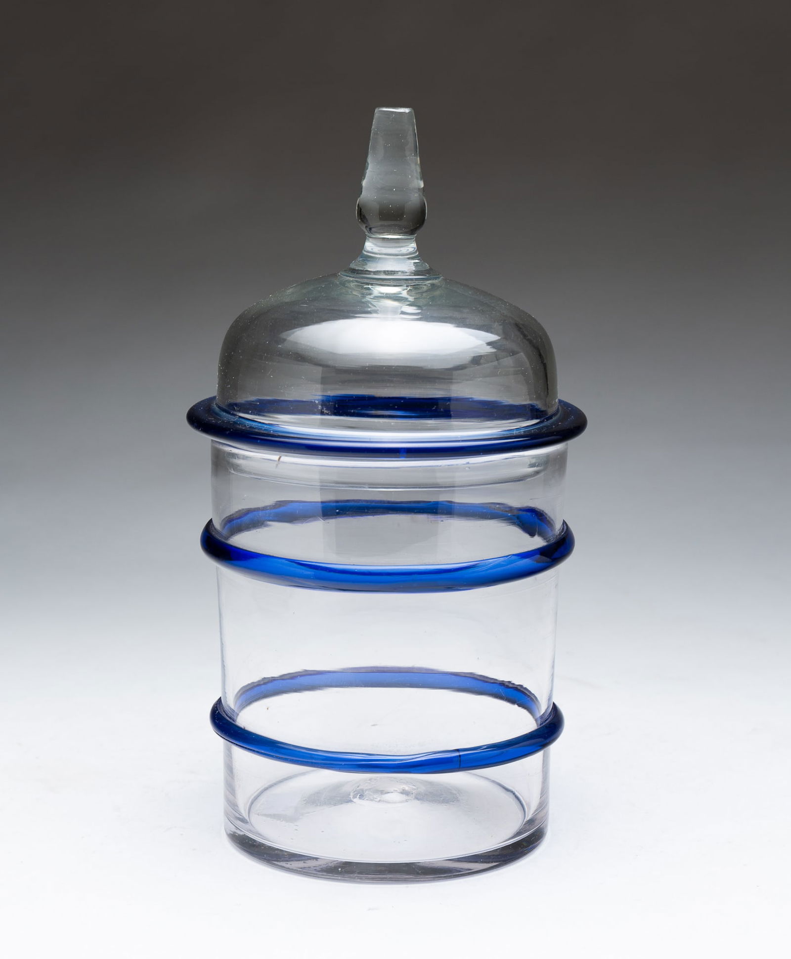 PITTSBURGH GLASS LIDDED CANISTER JAR WITH COBALT RINGS. 9"h. 5"d. (1 of 4)