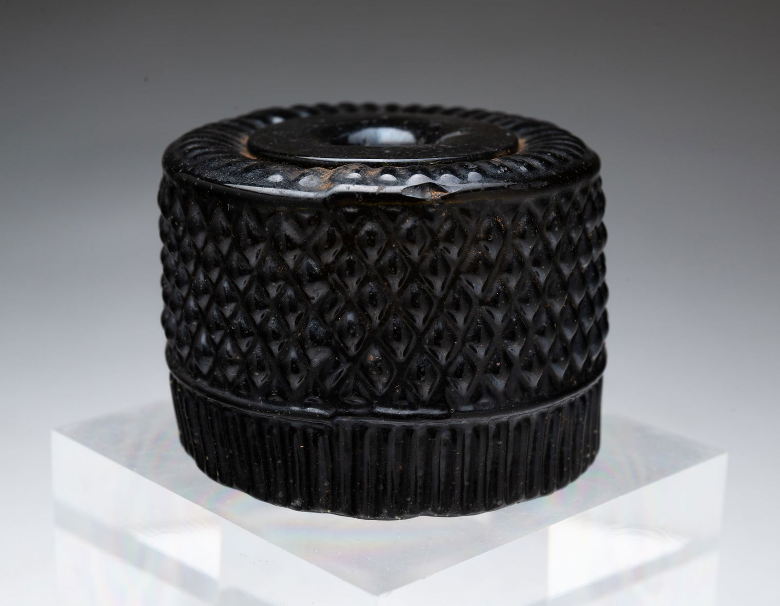 AMERICAN THREE-MOLD BLOWN OLIVE GREEN GLASS INKWELL. 2"h. 2.5"d. (1 of 3)