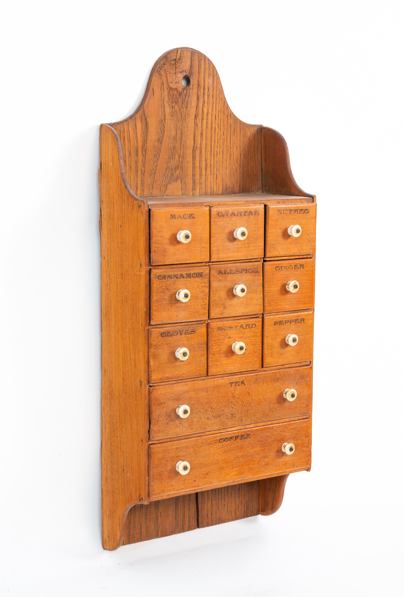 AMERICAN POPLAR AND OAK HANGING ELEVEN-DRAWER SPICE CABINET. 25"h. 9.75"w. 4.5"d. (1 of 4)