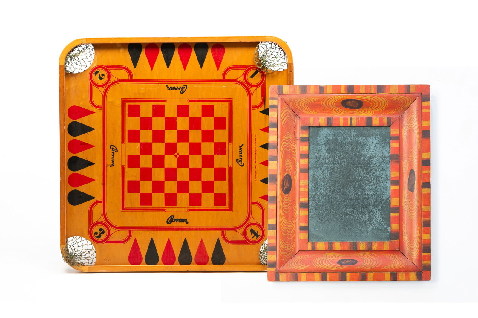 GUS KNAPP (MEDINA, OHIO) FOLK ART PAINTED EMPIRE MIRROR AND CARROM DOUBLE-SIDED GAMEBOARD. (1 of 9)