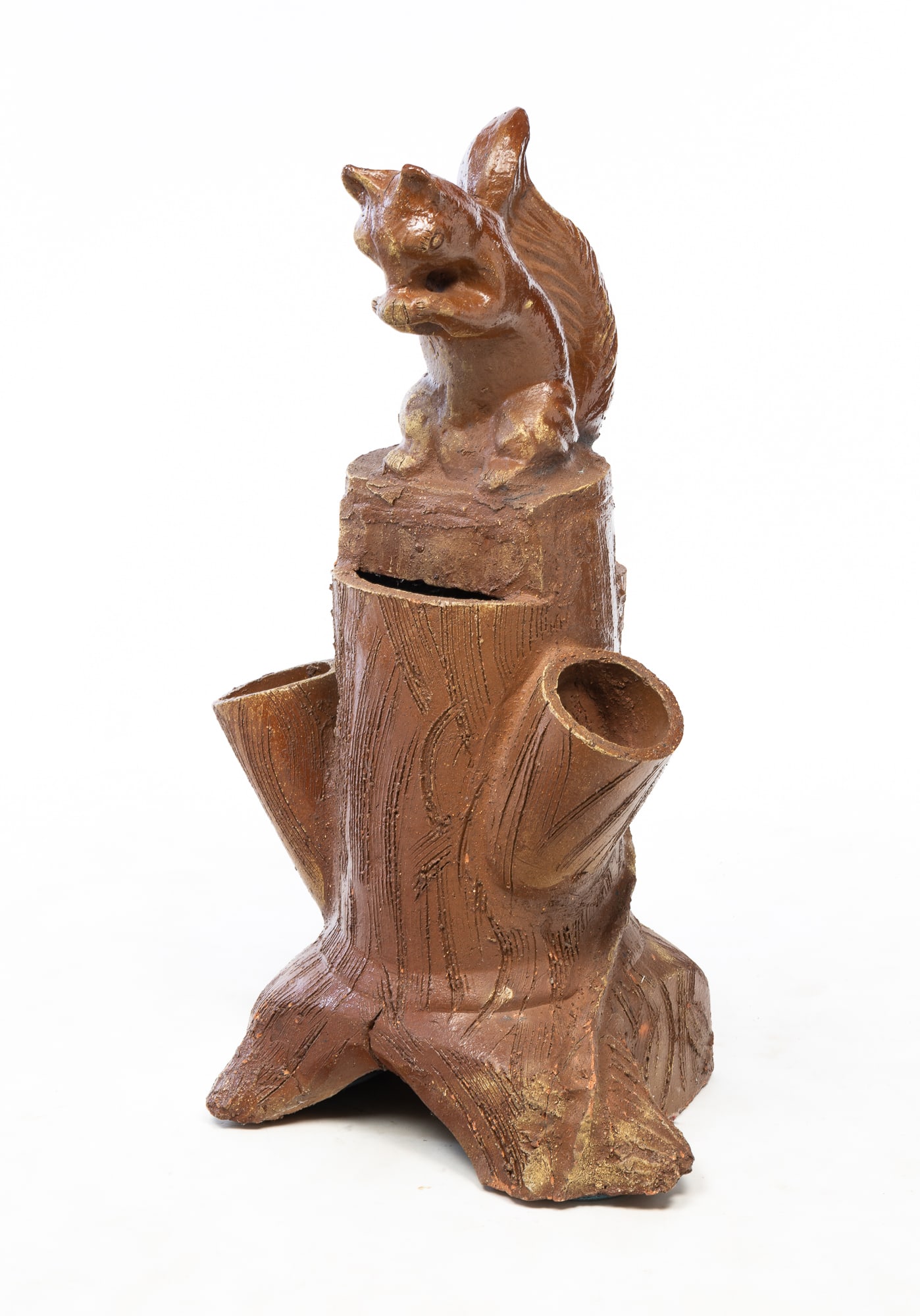 OHIO SEWER TILE TREE STUMP PLANTER WITH SQUIRREL FINIAL. 35"h. 19"w. 16.5"d. (1 of 5)