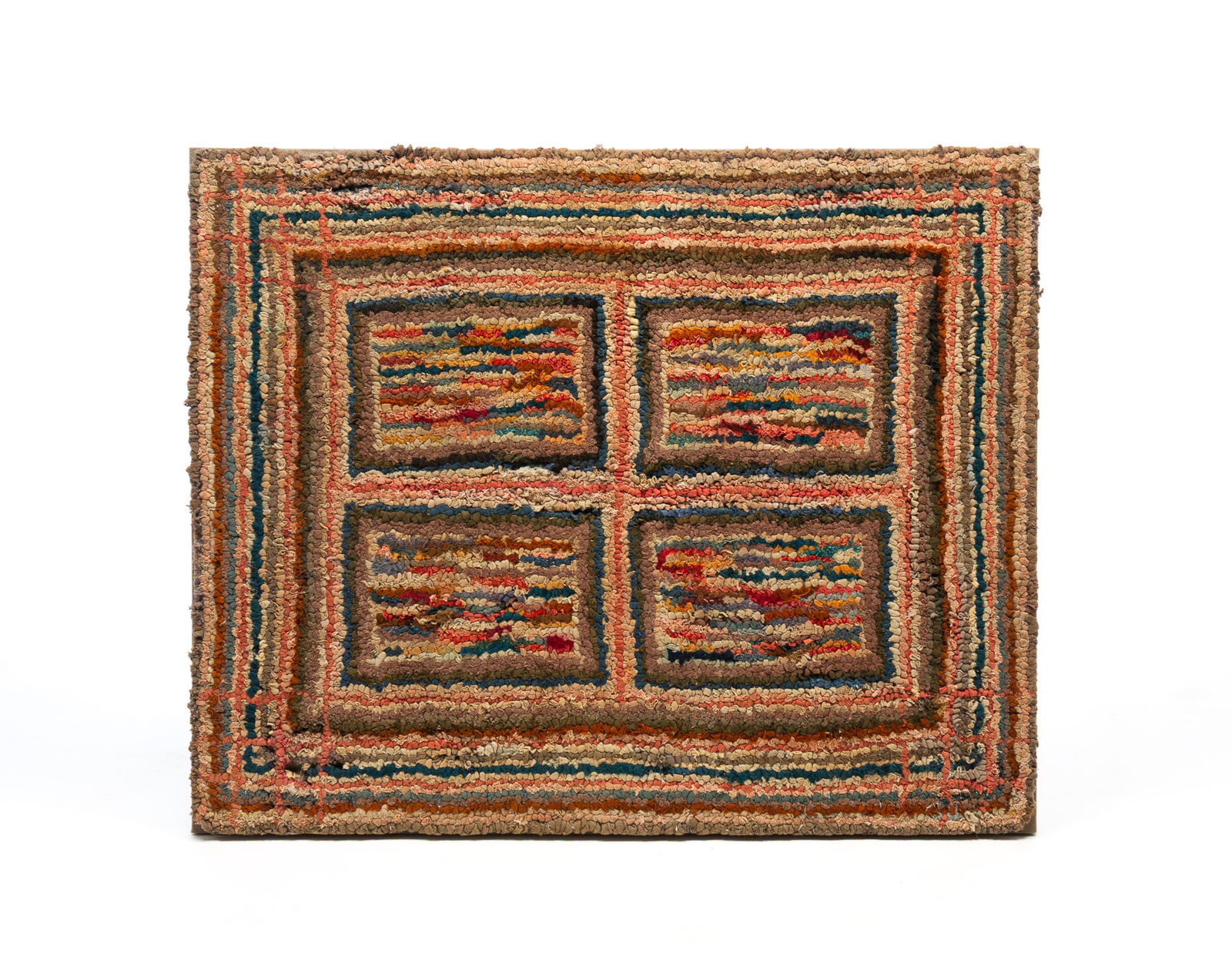 AMERICAN FOLK ART GEOMETRIC HOOKED RUG. 30"h. 36"w. (1 of 3)