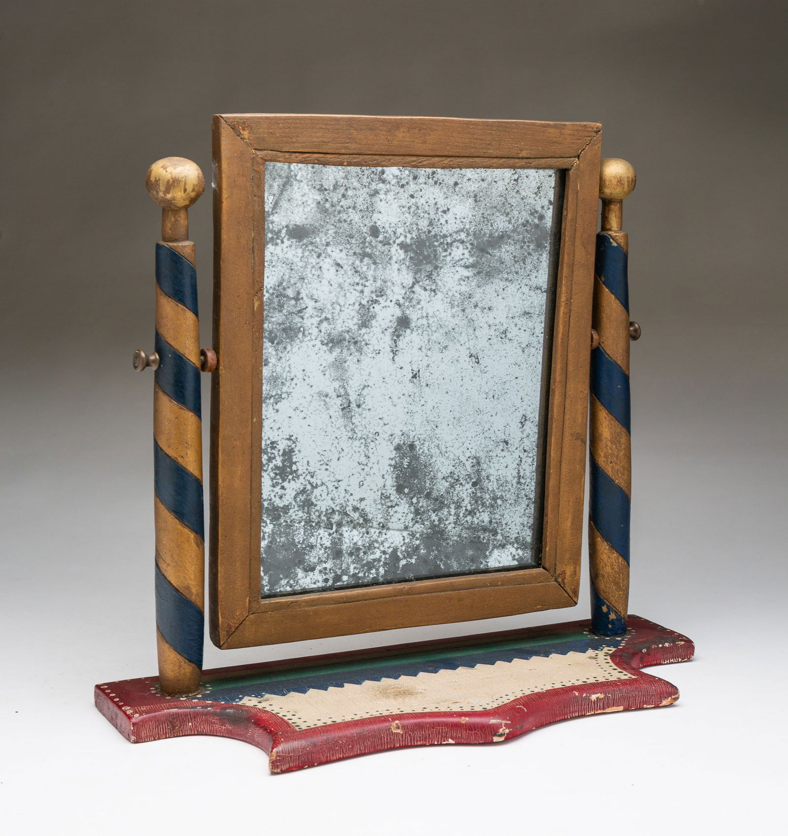 WONDERFUL AMERICAN FOLKSY PAINTED AND PARCEL-GILT PINE SHAVING MIRROR. 13.25"h. 14.5"w. 5.75"d. (1 of 4)