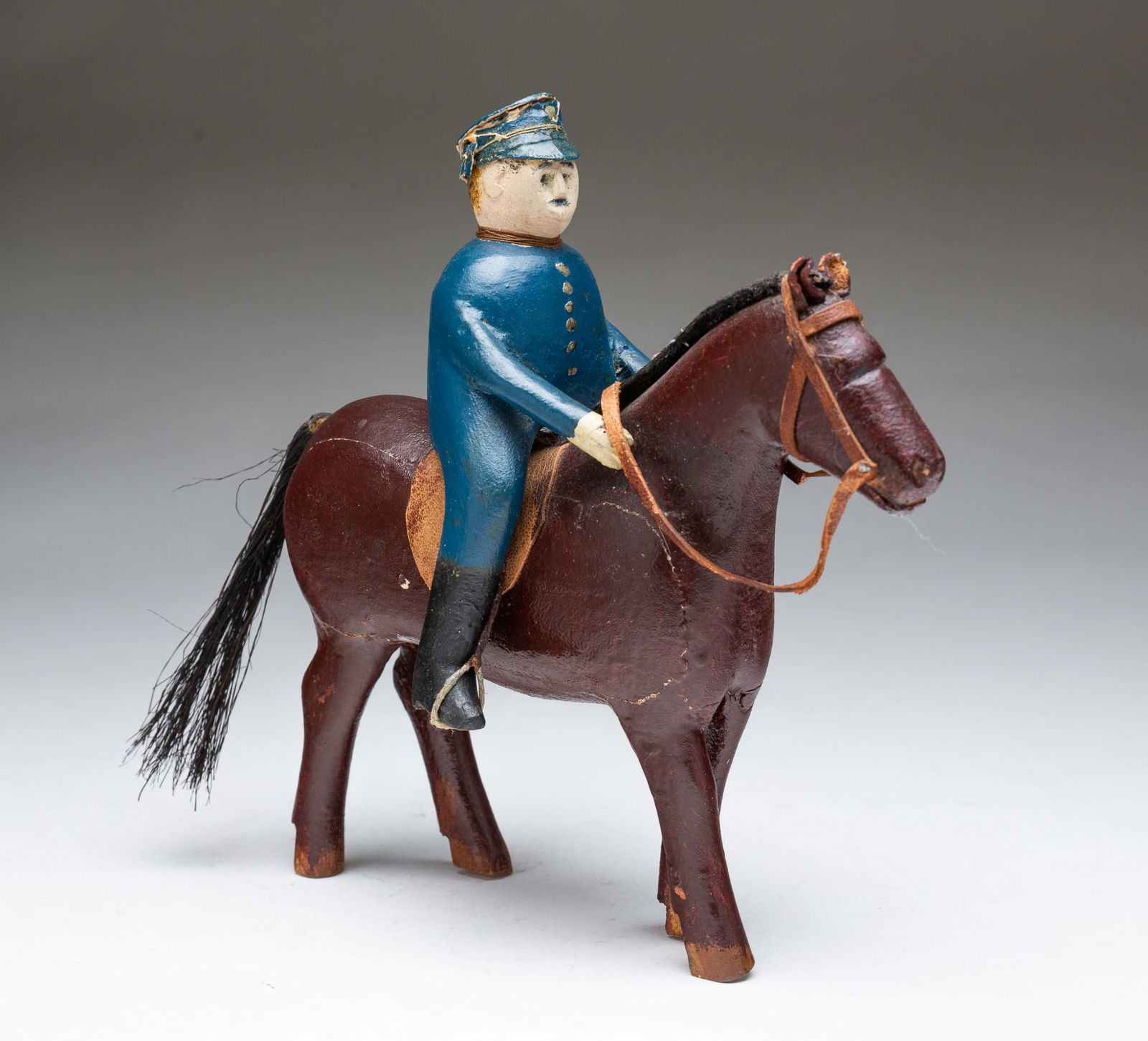 AMERICAN FOLK ART CARVED HORSE-MOUNTED POLICE OFFICER. 7.25"h. 7"w. (1 of 4)