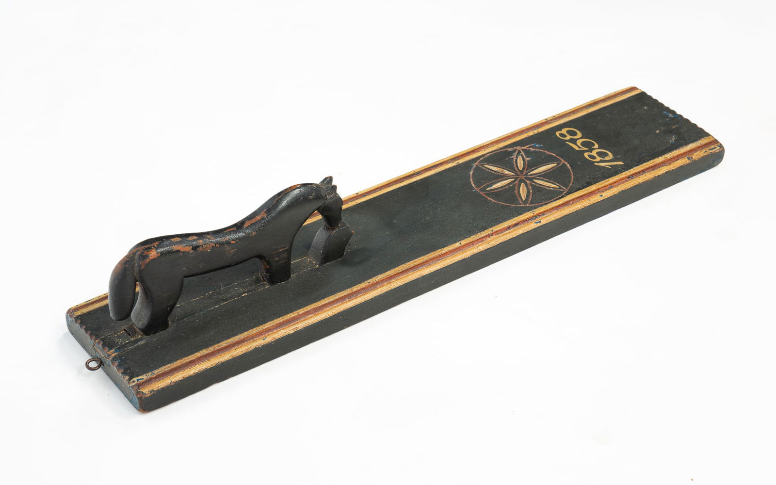 AMERICAN PAINT-DECORATED MAPLE SMOOTHING BOARD WITH HORSE HANDLE. 41.5"h. 5.5"w. 24.75"d. (1 of 5)