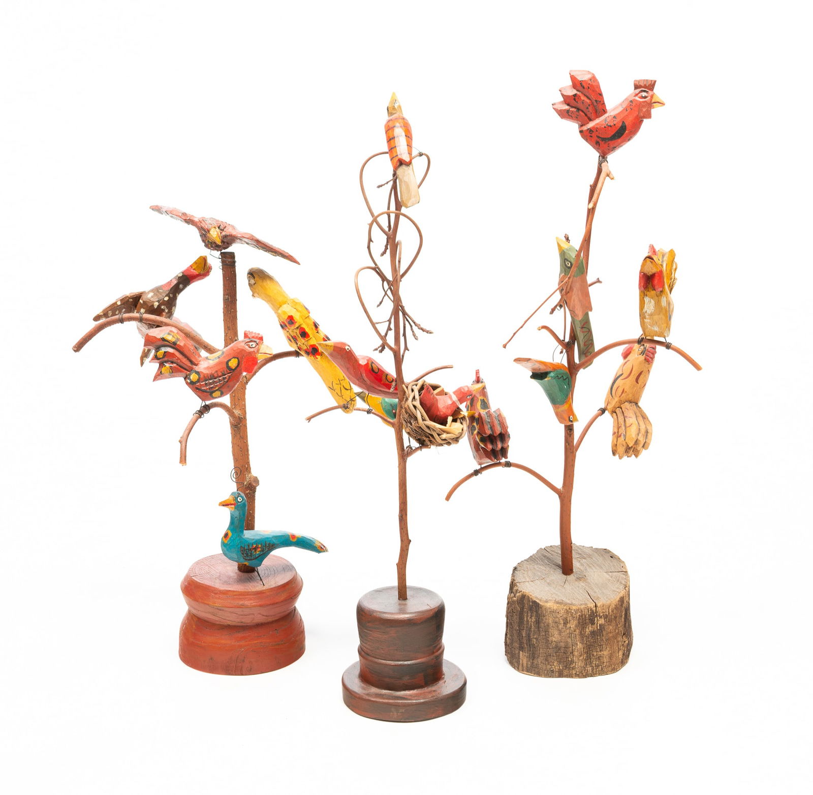 THREE DANIEL AND BARBARA STRAWSER (PENNSYLVANIA) FOLK ART CARVED AND PAINTED BIRD TREES. Largest, (1 of 6)