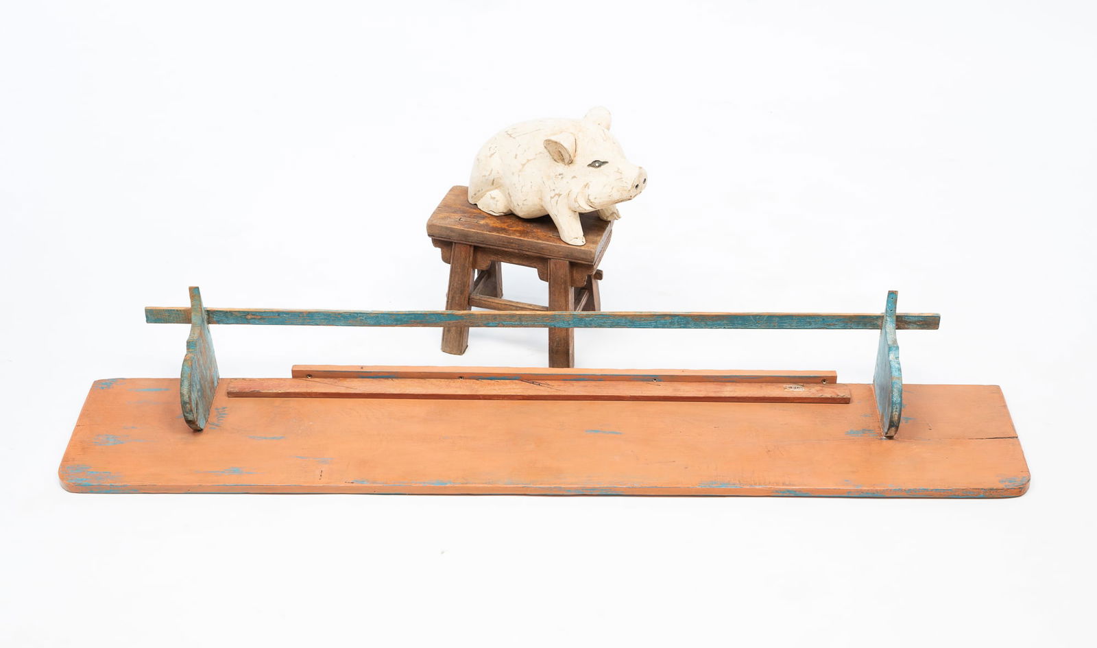 THREE CONTEMPORARY WOOD ITEMS, INCL. CARVED AND PAINTED PIG. Shelf, 7.5"h. 52.75"w. 9.5"d. (1 of 4)