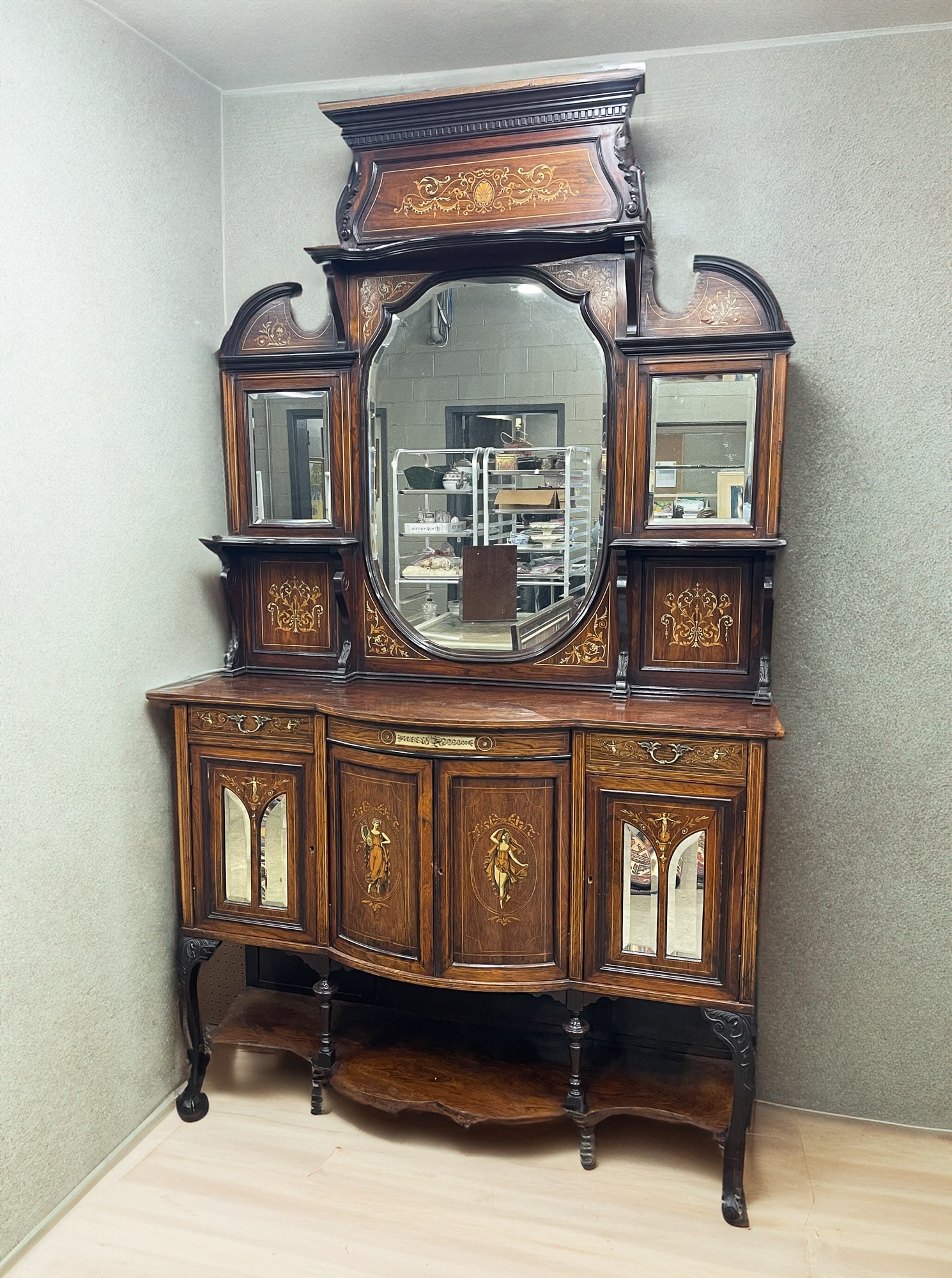 AMERICAN LATE VICTORIAN ETAGERE WITH MARQUETRY INLAY. Overall, 93.5"h. 54"w. 18.5"d. (1 of 10)