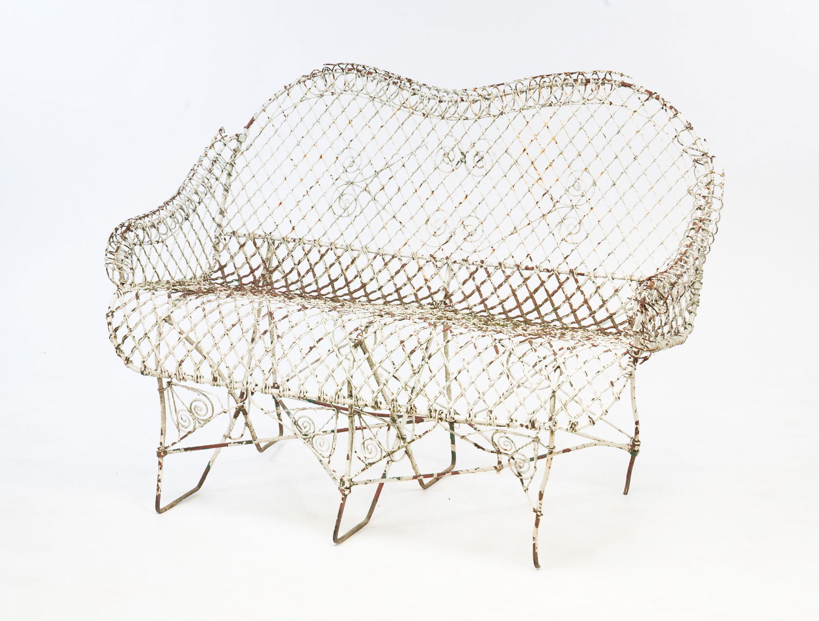 LATE VICTORIAN WIREWORK GARDEN SETTEE. 35.5"h. 18" seat ht. 50.5"w. (1 of 5)