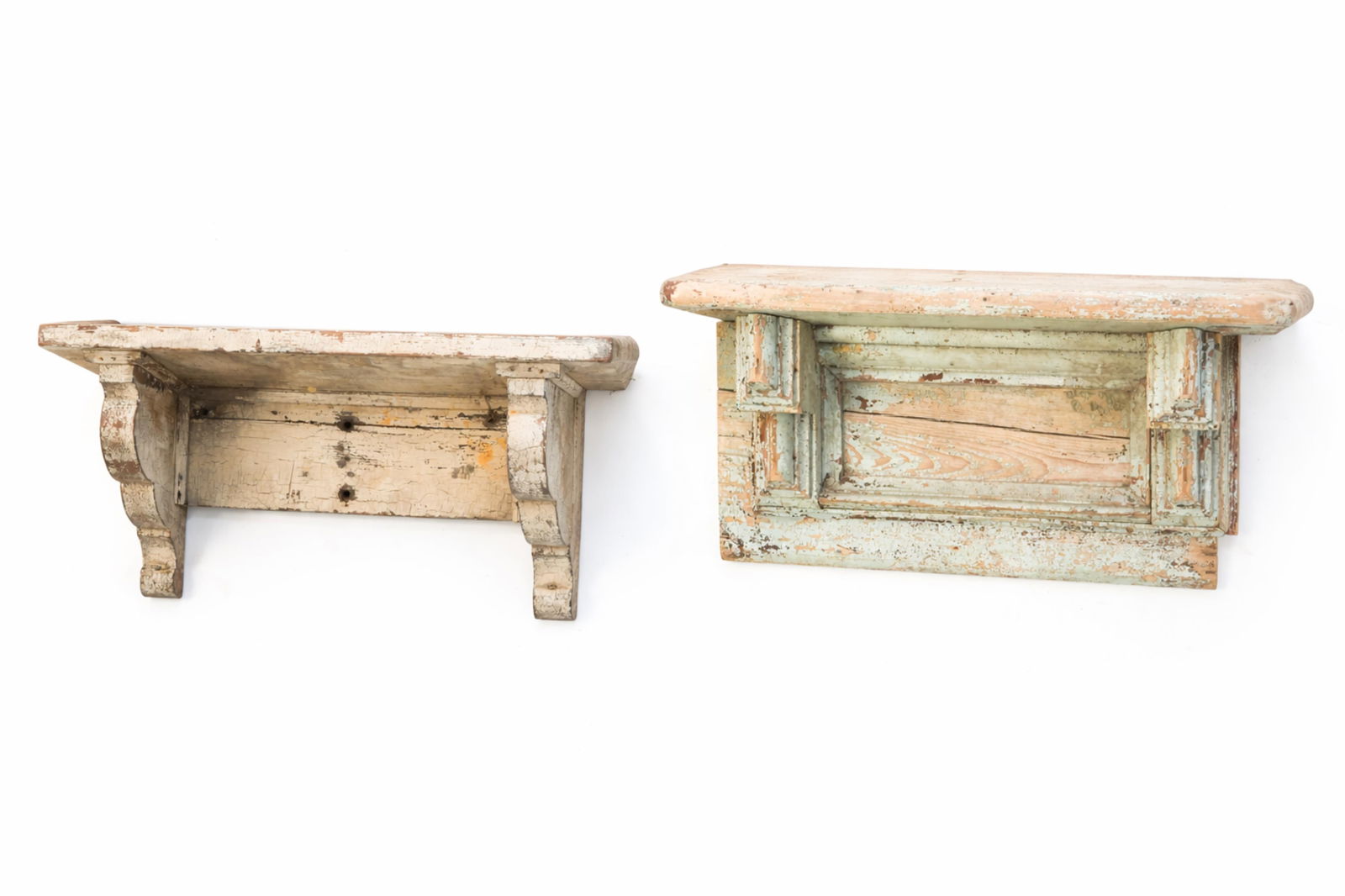 TWO VICTORIAN PAINTED PINE HANGING SHELVES. Largest, 16.75''h. 32"w. 8.25"d. White shelf, 12"h. (1 of 6)