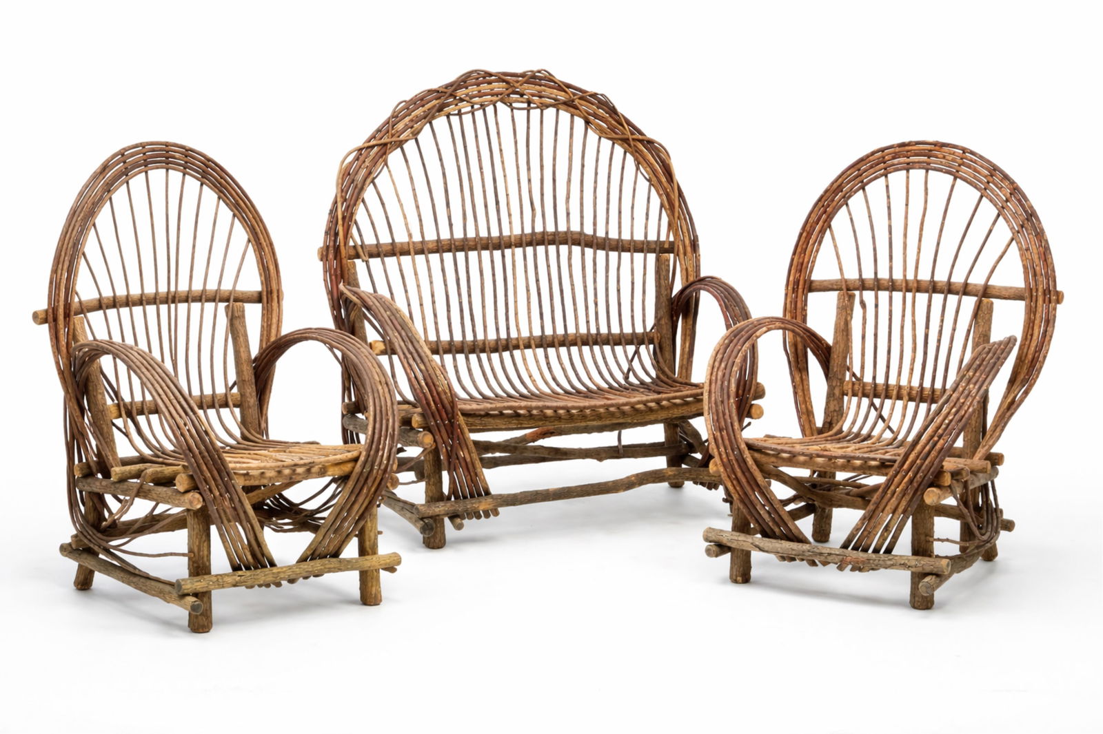 ADIRONDAK SETTEE AND TWO ARMCHAIRS. Settee, 50"h. 51"w. 18" seat h. Chairs, 44.5"h. 30.5"w. 17" seat (1 of 6)