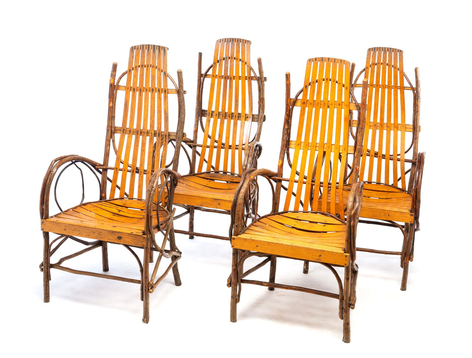 FOUR LOIS J. HERSHBERGER (BREMEN, OHIO) BENT TWIG AND SLATTED OAK ADIRONDACK ARMCHAIRS, DATED 2008. (1 of 5)
