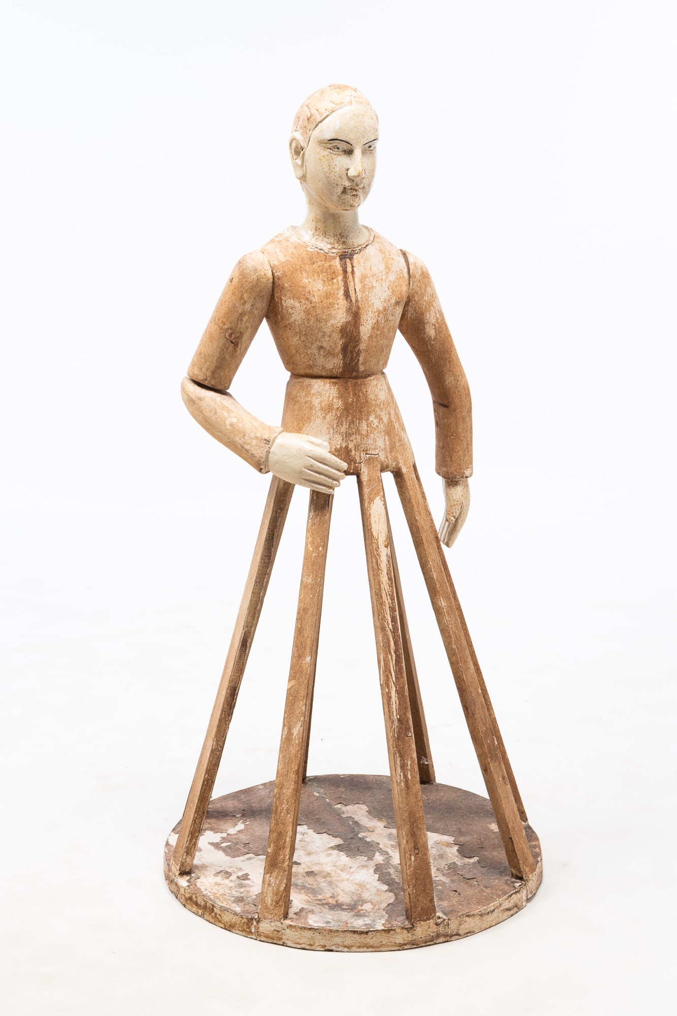 EUROPEAN PAINTED AND CARVED PINE CAGE DOLL. 35"h. base, 17"d. (1 of 5)