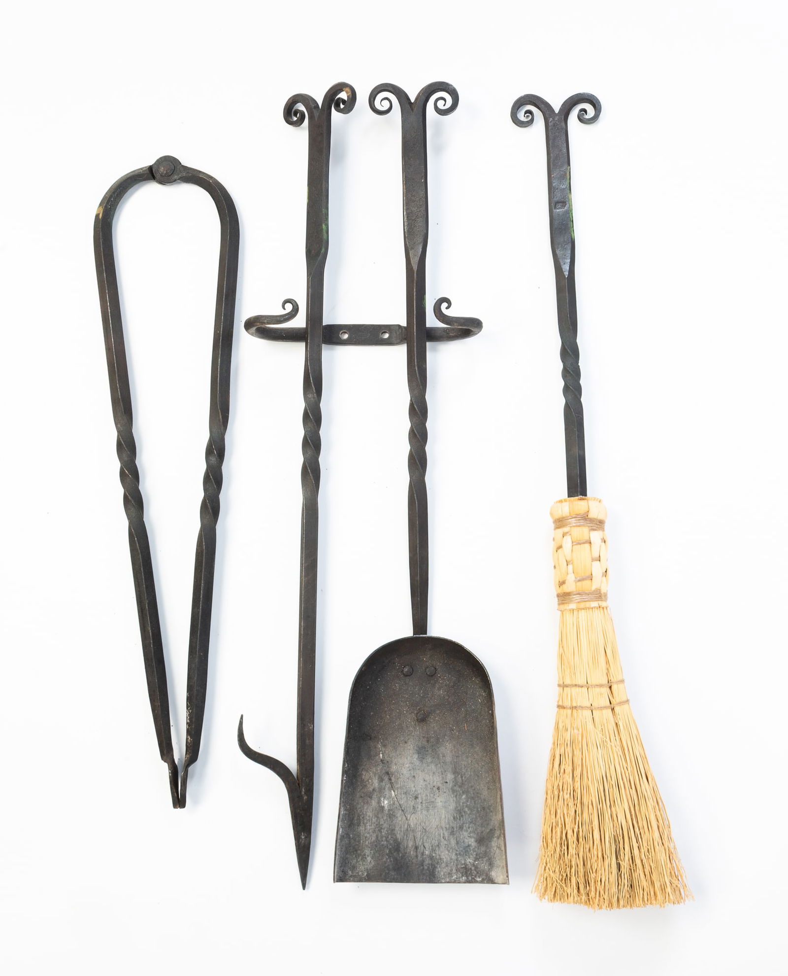 FOUR AMERICAN WROUGHT IRON FIREPLACE TOOLS PLUS WALL BRACKET. Largest, 26.5"l. Bracket, 6"w. (1 of 4)