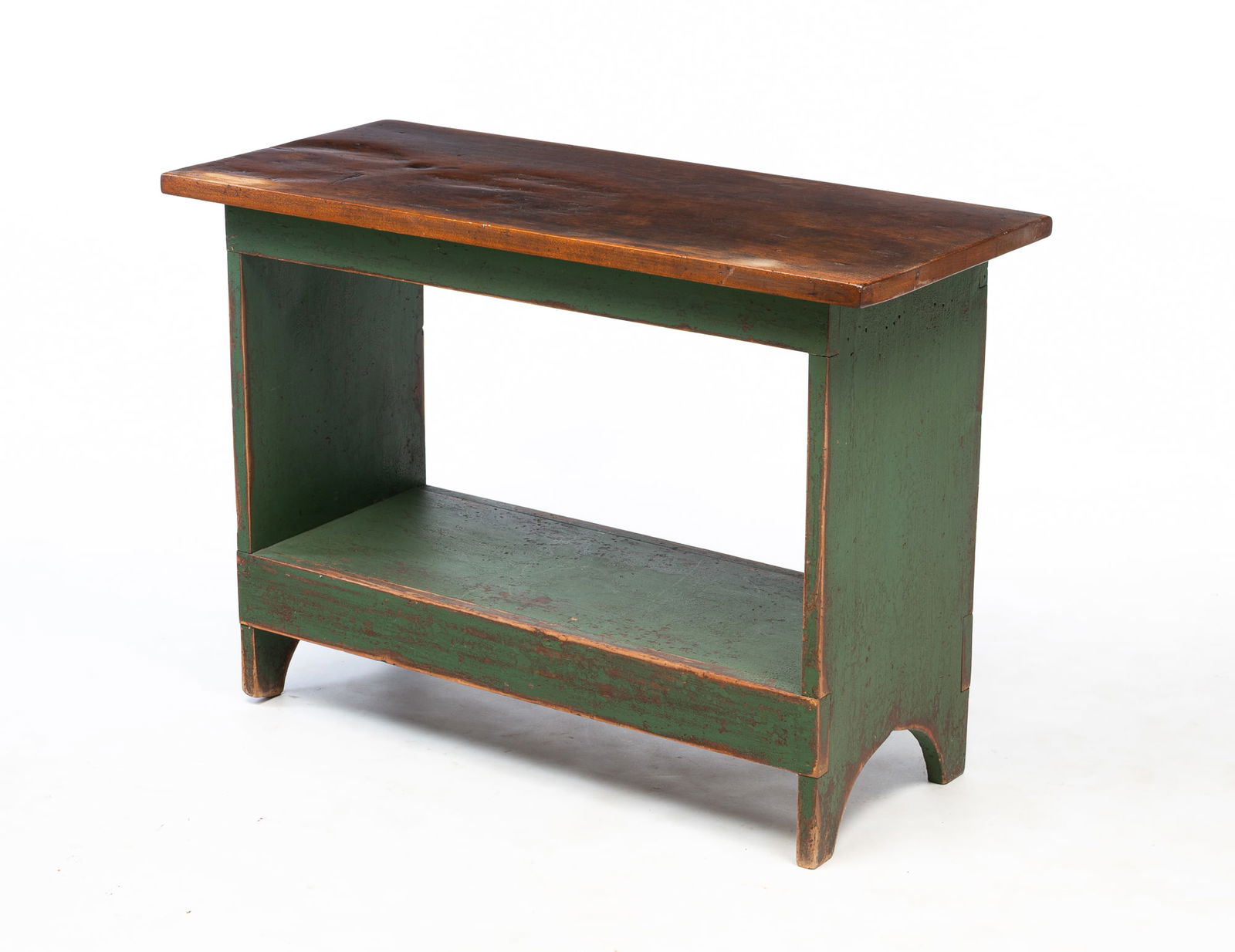 DAVID T. SMITH & CO. (MORROW, OHIO) GREEN-PAINTED POPLAR BUCKET BENCH. 28.5"h 40"w. 17.75"d. (1 of 4)