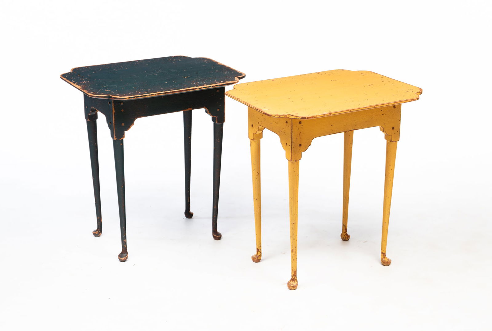 TWO DAVID T. SMITH & CO. (MORROW, OHIO) QUEEN ANNE STYLE PAINTED POPLAR TEA TABLES. 25"h. 23.5"w. (1 of 6)