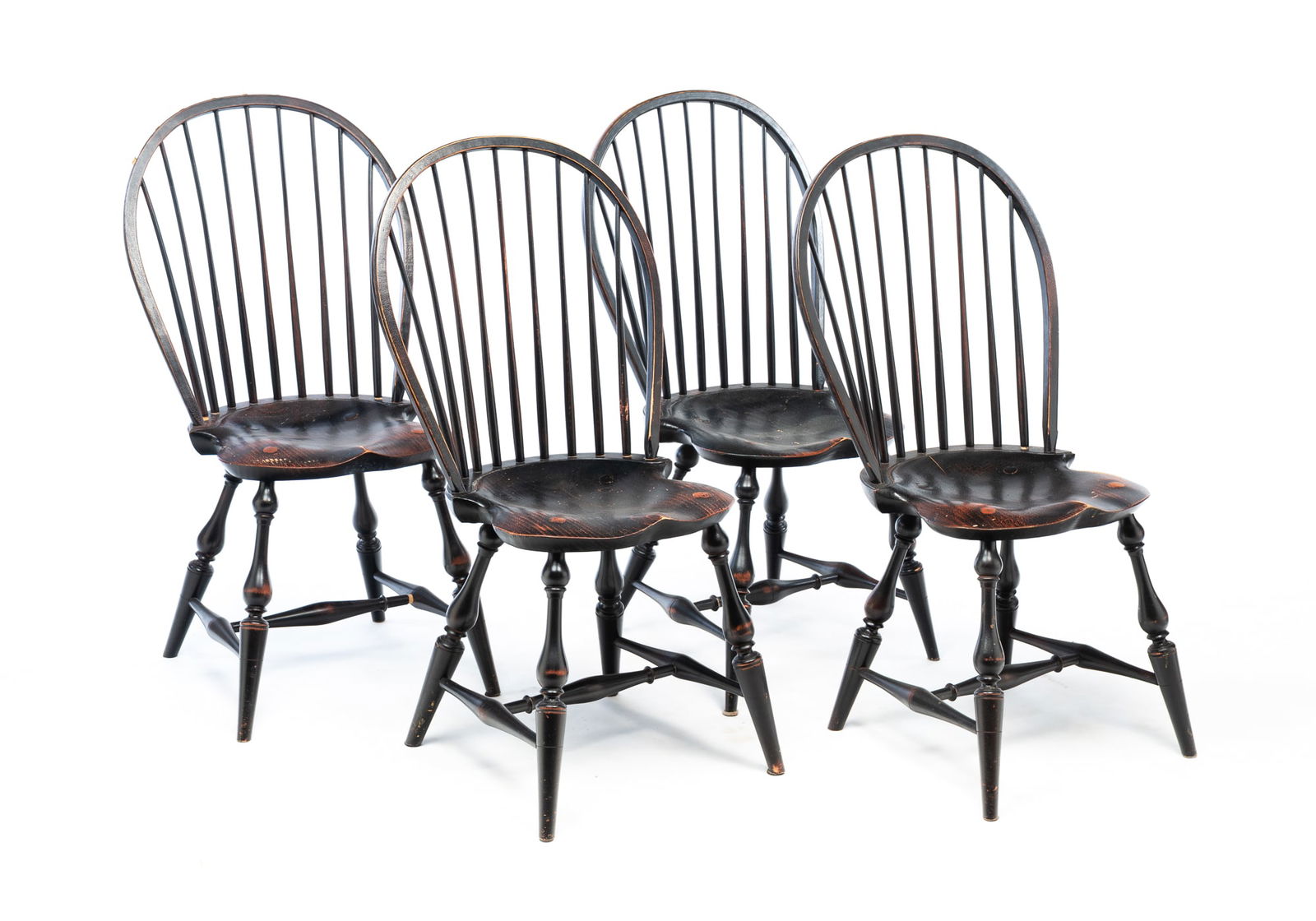 FOUR RIVER BEND CHAIR CO. (LEBANON, OHIO) EBONIZED BOW-BACK WINDSOR SIDE CHAIRS. 38"h. 17" seat h. (1 of 6)