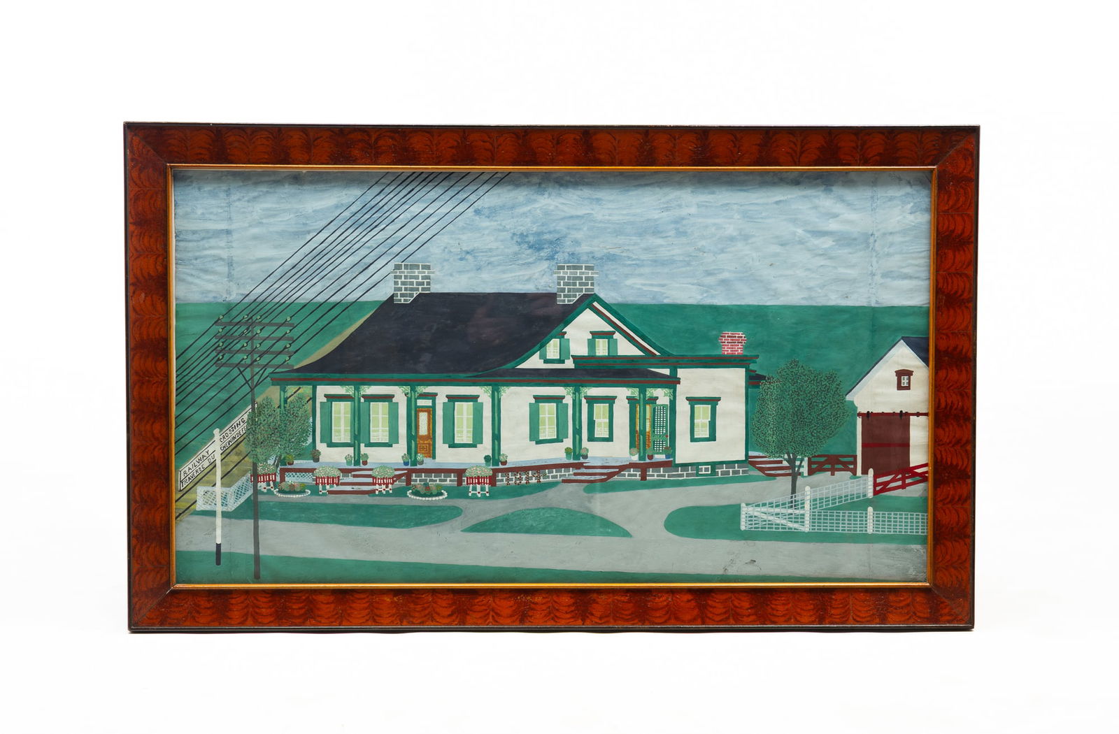 AMERICAN FOLK ART TEMPERA PAINTING OF FARMHOUSE WITH RAILROAD CROSSING. 25.25"h. 42"w. (1 of 5)