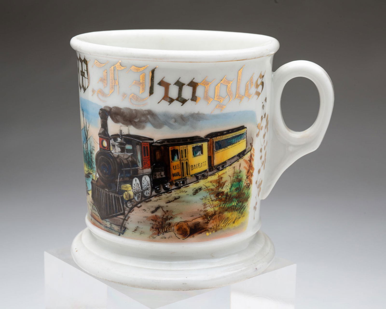 AMERICAN PAINTED PORCELAIN RAILROAD-THEMED OCCUPATIONAL SHAVING MUG. 4.5"h. (1 of 4)