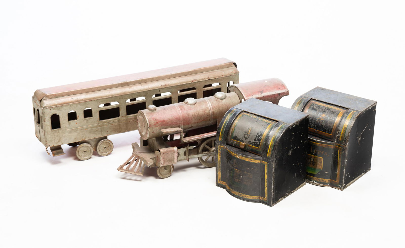 TOY STEAM LOCOMOTIVE AND PASSENGER CAR AND TWO TOLE-PAINTED SPICE CONTAINERS. Largest, 8.25"h. 24"l. (1 of 12)