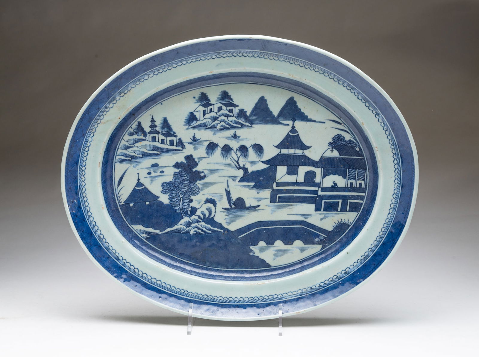 LARGE CHINESE BLUE AND WHITE CANTON PORCELAIN PLATTER. 2.25"h. 18.75"w. 15"d. (1 of 4)