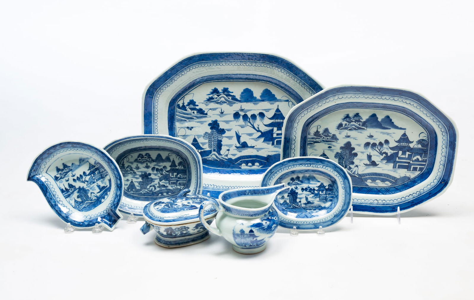 GROUP OF CHINESE BLUE AND WHITE PORCELAIN CANTON TABLEWARE. Largest platter, 15.75"w. 12.75"d. (1 of 5)