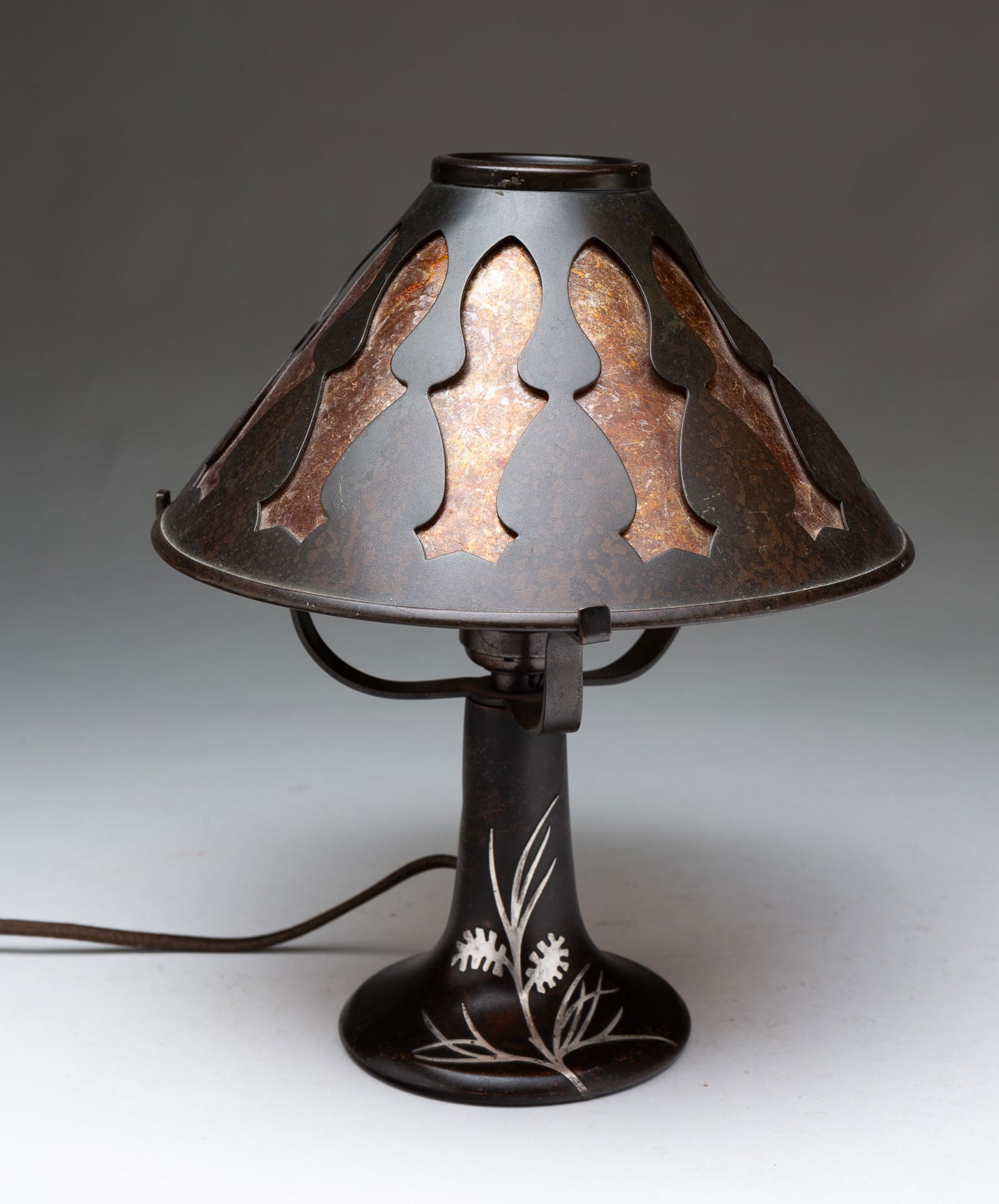 DIMINUTIVE HEINTZ (BUFFALO, NEW YORK) STERLING SILVER-MOUNTED BRONZE AND MICA BOUDOIR LAMP. 4.5"h. (1 of 4)