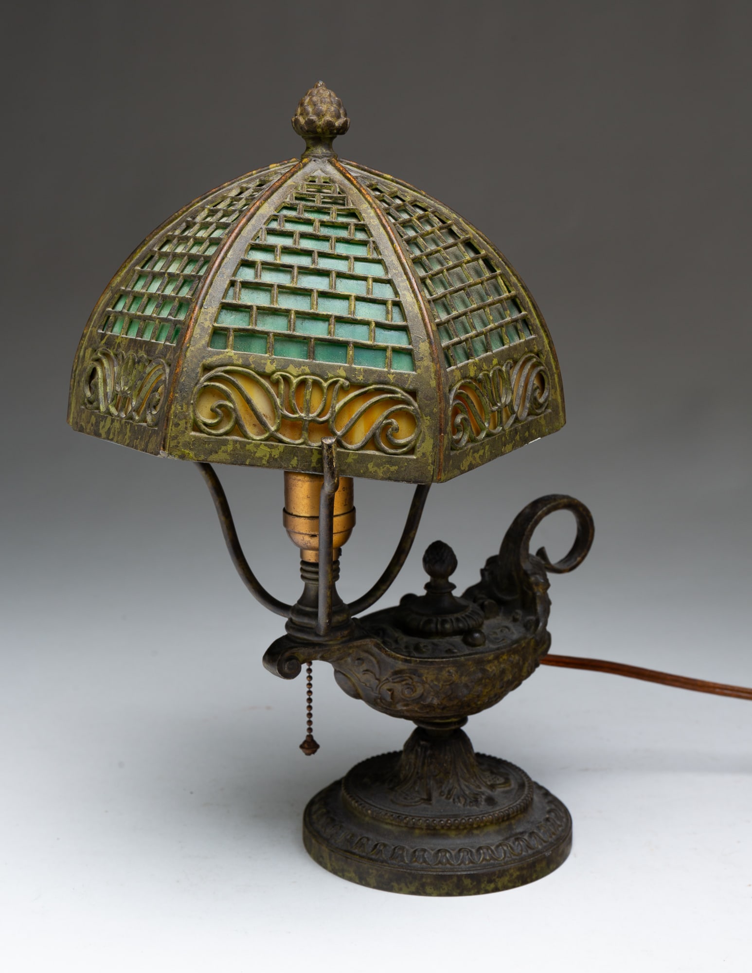 BRADLEY AND HUBBARD (MERIDEN, CONNECTICUT) ARTS AND CRAFTS PATINATED METAL AND SLAG GLASS "ALADDIN (1 of 4)