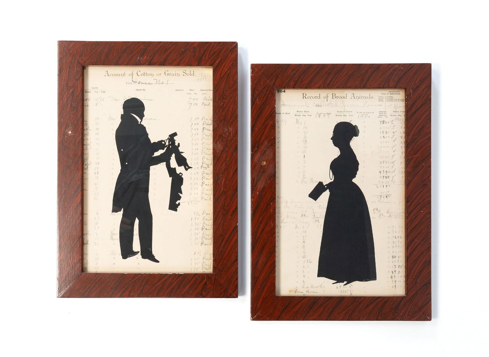 TWO FULL-LENGTH CUT PAPER SILHOUETTES MOUNTED ON 19TH-CENTURY LEDGER PAPER. Frame, 14.75"h. 10.5"w. (1 of 4)