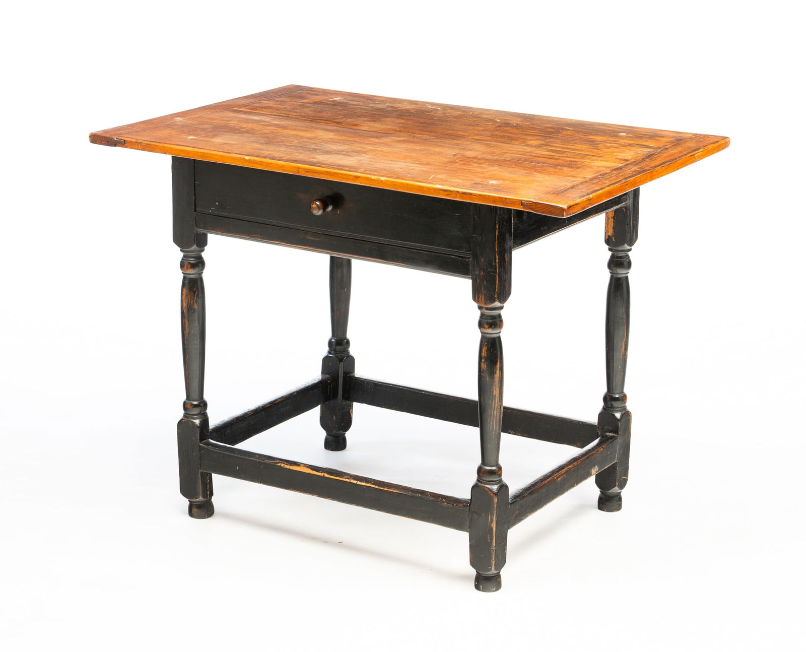 AMERICAN PINE, MAPLE, AND EBONIZED ONE-DRAWER TAVERN TABLE. 26.5"h. 35.25"w. 22.75"d. (1 of 6)