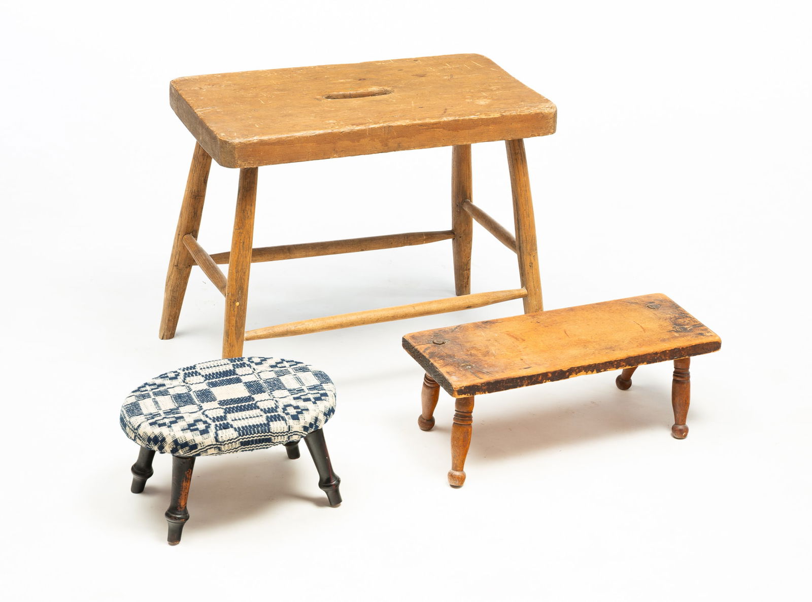 THREE AMERICAN STOOLS. Largest, 17.5"h. 20"w. 11.25"d. (1 of 5)