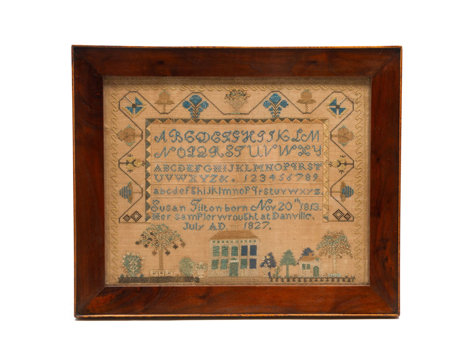 FINE AND RARE SUSAN TILTON (DANVILLE, VERMONT, B. 1813) NEEDLEWORK SAMPLER, DATED 1827. Frame, 17"h. (1 of 4)
