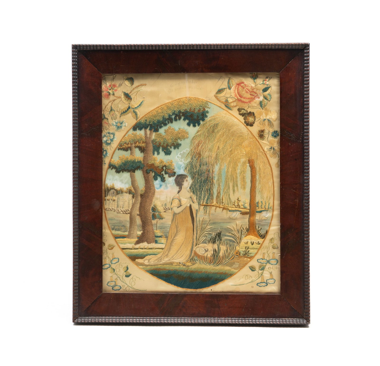 AMERICAN NEEDLEWORK ON SILK OF MOSES IN THE BULRUSH. Frame, 20.5"h. 17.5"w. (1 of 7)
