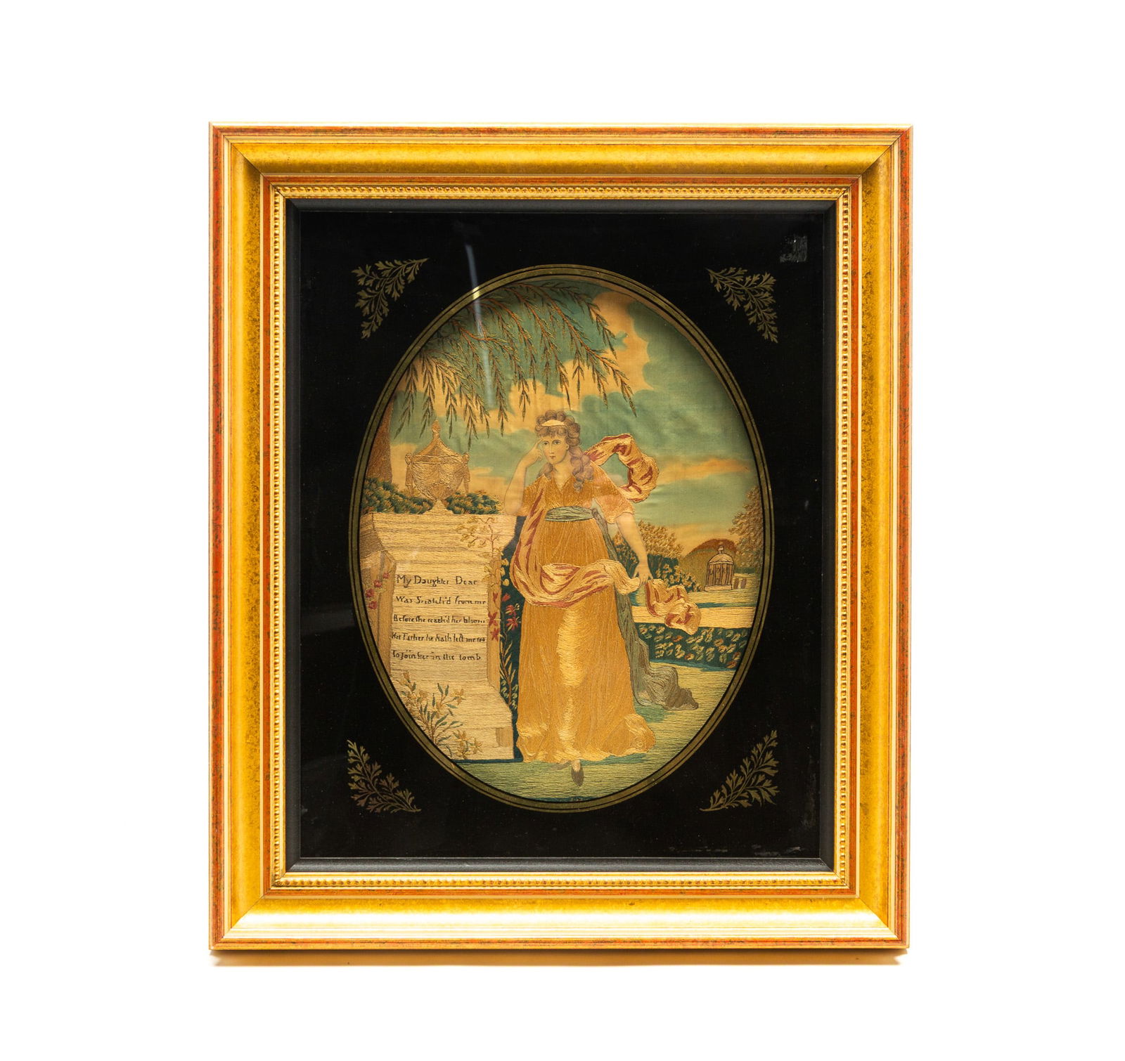 AMERICAN WATERCOLOR AND SILK NEEDLEWORK MOURNING MEMORIAL. Frame, 21.5"h. 18.25"w. (1 of 5)