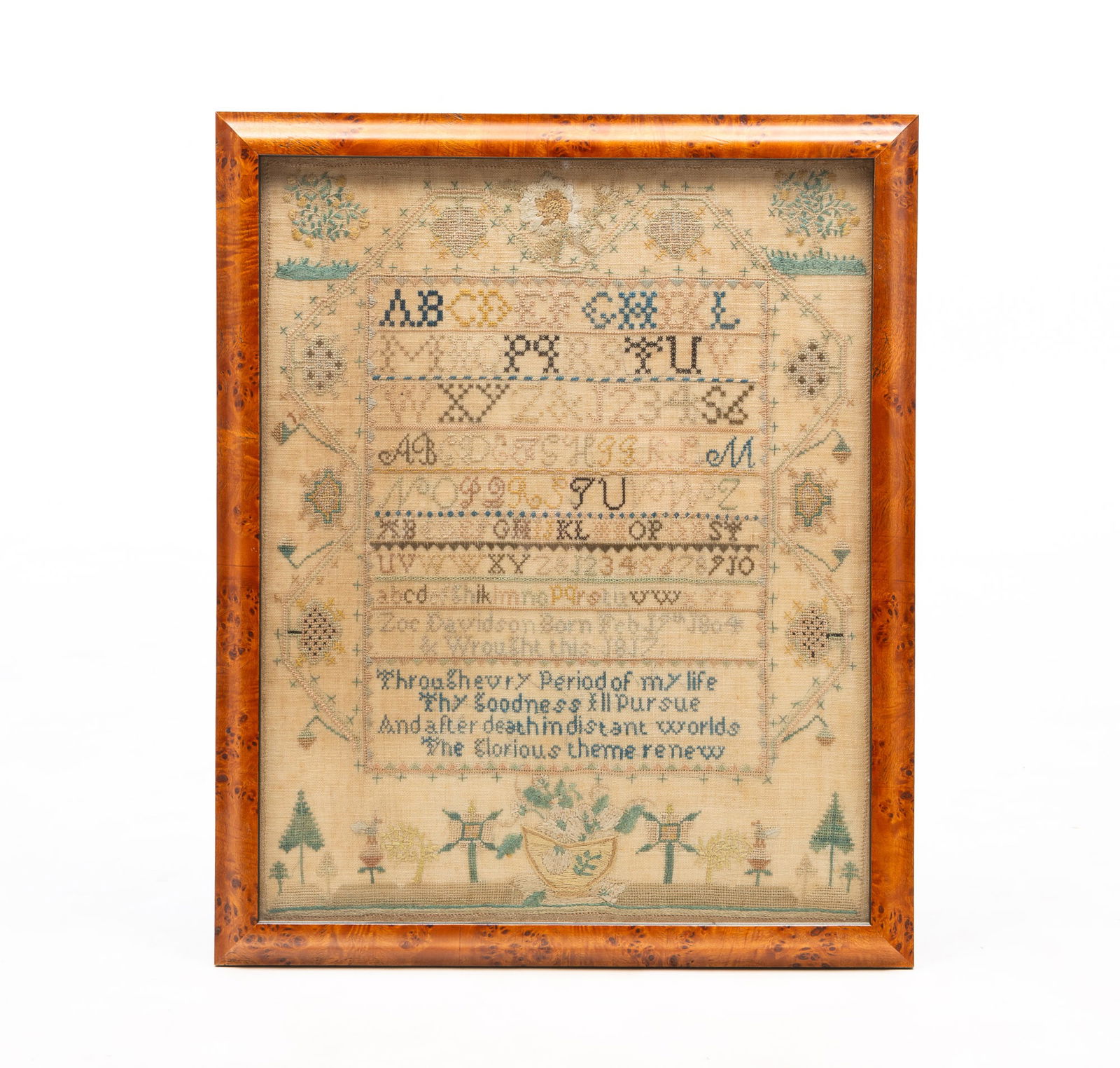 ZOE DAVIDSON (NEW HAMPSHIRE, B. 1804) NEEDLEWORK SAMPLER, DATED 1817. Frame, 22.5"h. 18.5"w. (1 of 4)