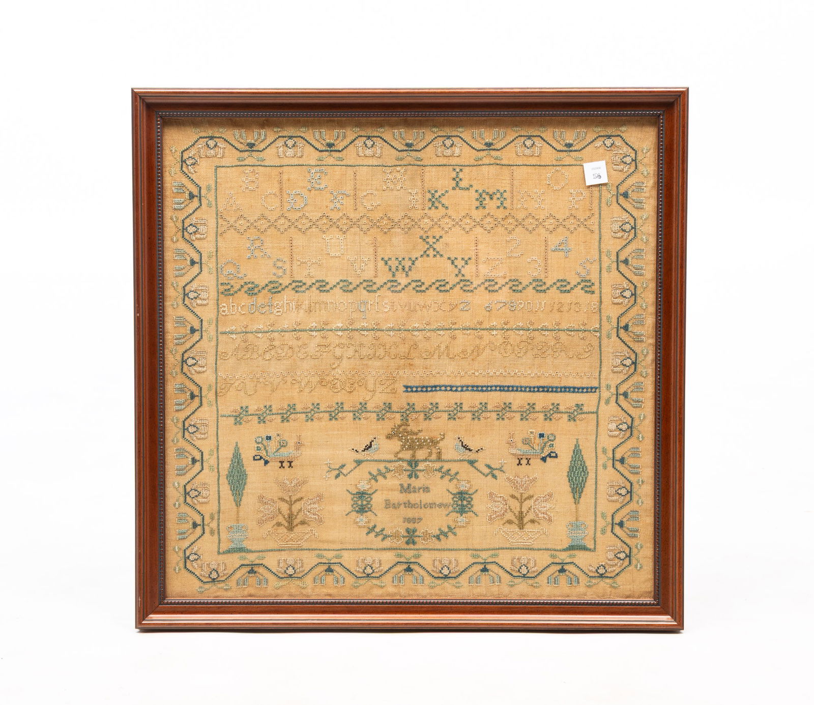 MARIA BARTHOLOMEW (AMERICAN) NEEDLEWORK SAMPLER, DATED 1807. Framed, 18.75"h. 19"w. (1 of 5)