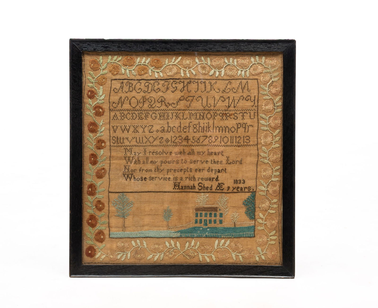 HANNAH SHED (AMERICAN, B. 1824) NEEDLEWORK SAMPLER, DATED 1833. Frame, 19"h. 18"w. (1 of 4)