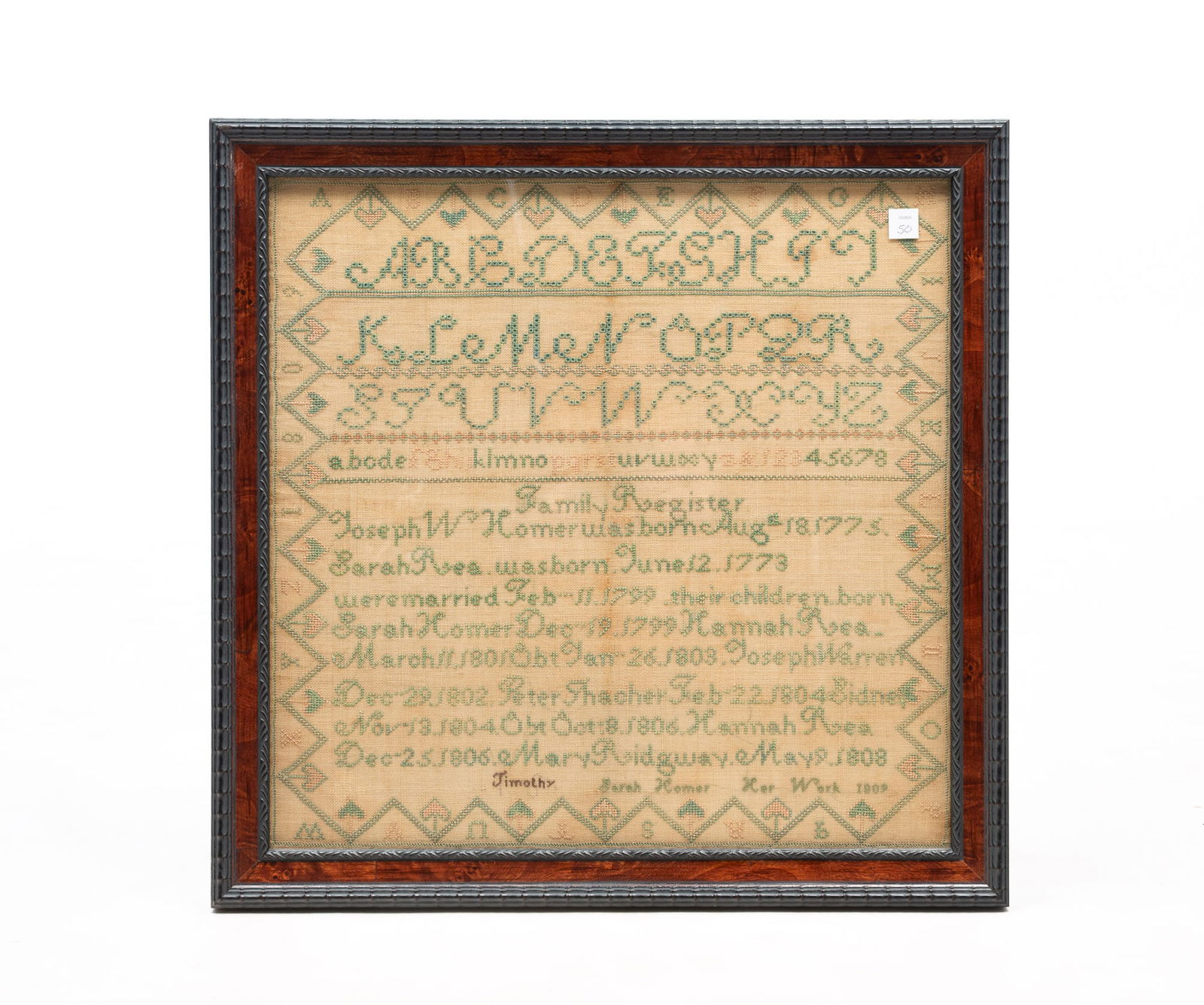 SARAH HOMER (AMERICAN) FAMILY REGISTER NEEDLEWORK SAMPLER, DATED 1809. (1 of 5)